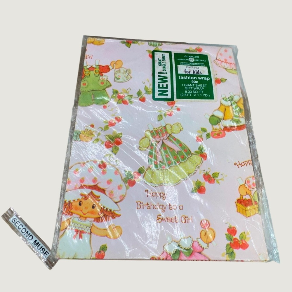 American Greetings Strawberry Shortcake Gift Wrap OS Pink Vintage 80s Sweet Girl